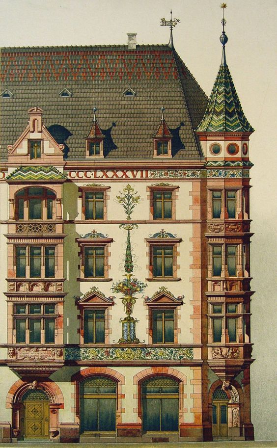 Архитектурный рисунок немецкого здания с башенками