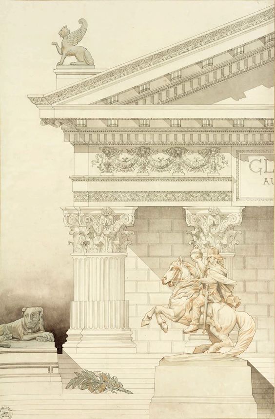Чертеж фронтона со скульптурами акротерия и всадника